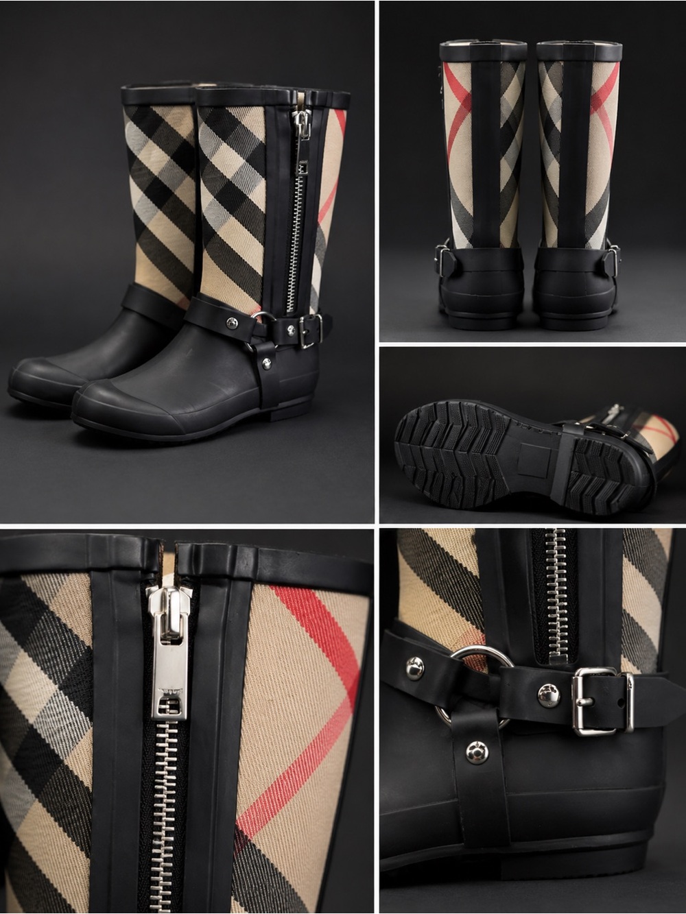 Burberry Black and Beige Plaid Mid-Calf Rain Boots with Red Accent